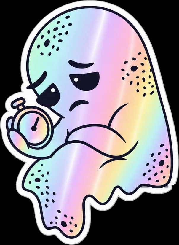 Holographic ghost sticker, sulking with a stopwatch